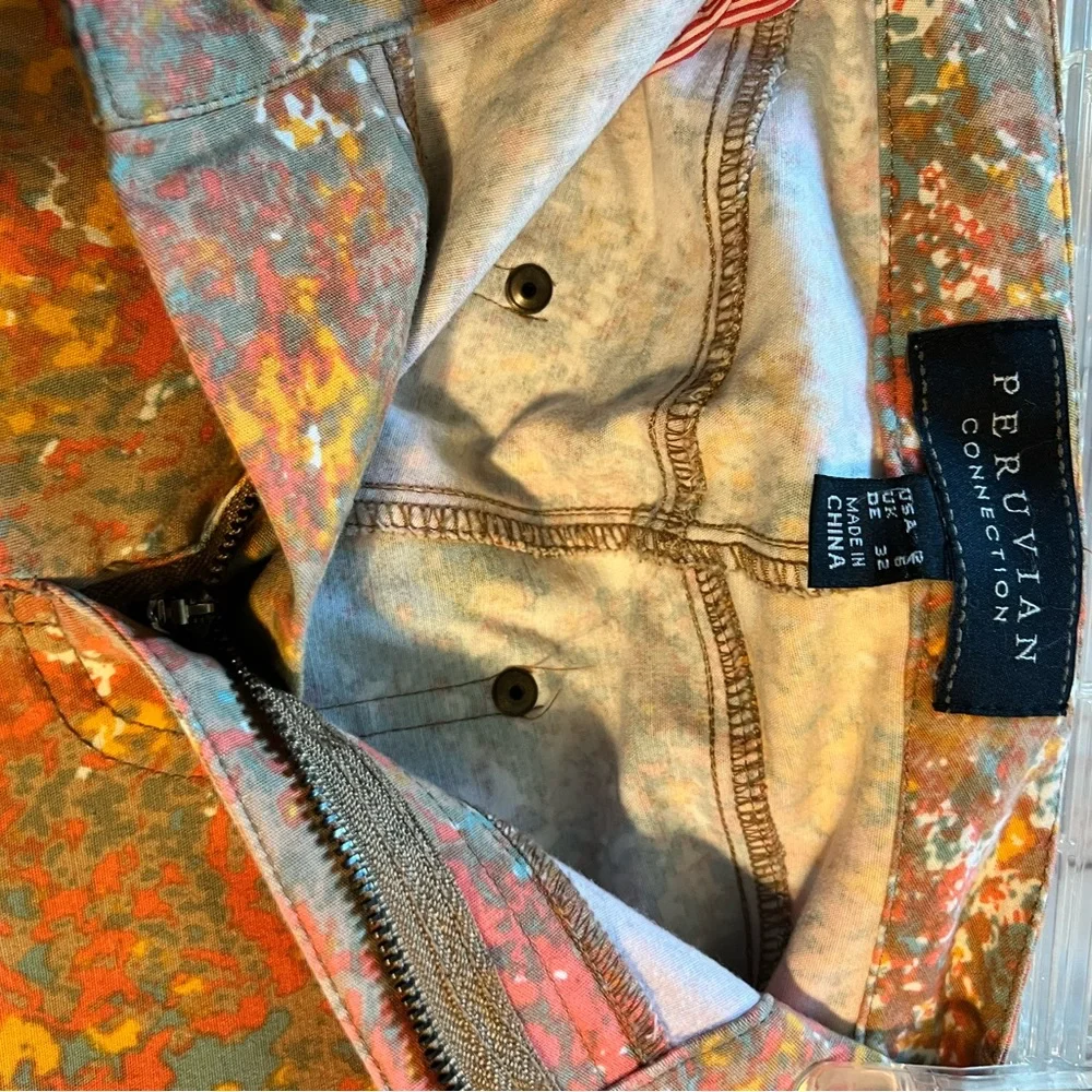 Peruvian Connection splash colored pants, inseam 27, zippers front size 2